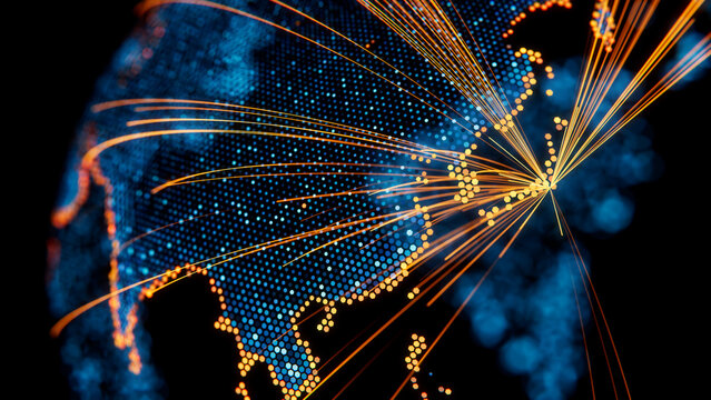 Sophisticated Blue and Orange Earth Globe Graphic with Fluorescent Hexagon Tiles and Optical Fibres from Tokyo over Asia