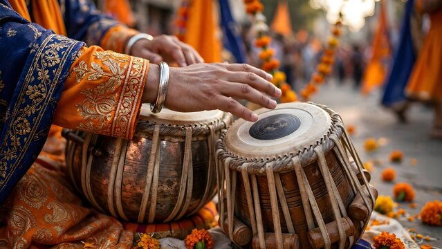 Close up of hands playing traditional tabla drums during Guru Nanak Gurpurab procession with vibrant Sikh attire and soft sunlight in street festival documentary style.