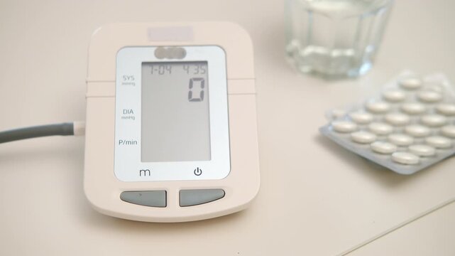 Digital blood pressure monitor beside tablets on a countertop. Home health monitoring and cardiovascular care. Hypertension screening, vital signs and preventive medicine.
