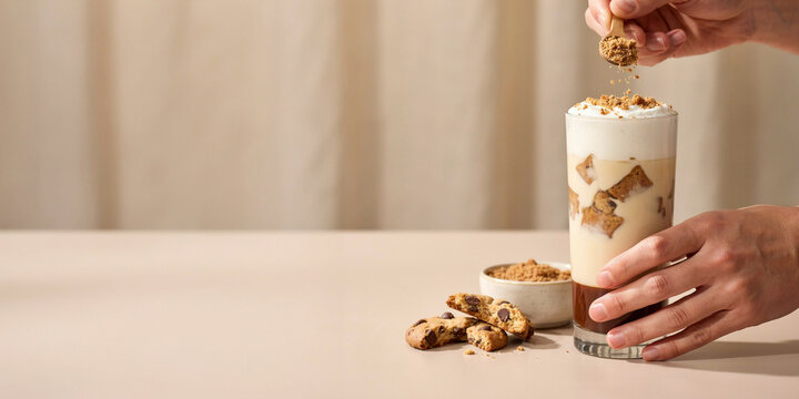 A close-up of a person adding cookie crumble to a tall glass of iced coffee. The drink is layered with coffee, cream, and ice, and appears to be garnished with cookies and cookie crumbs. On the side.
