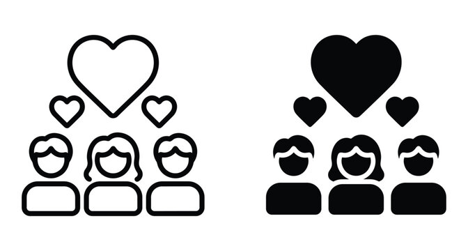Family and friends love icon set with three people and hearts representing community support relationship unity and social connection symbols