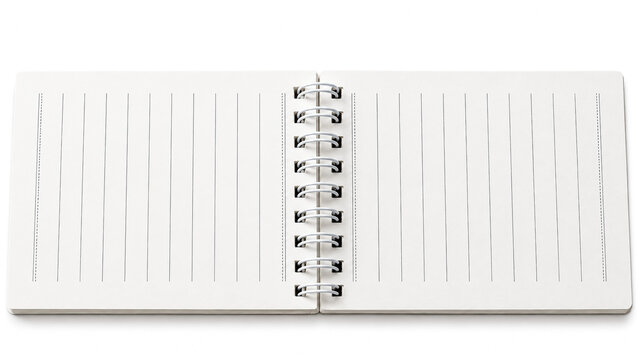 Open spiral notebook with blank lined pages on a white background