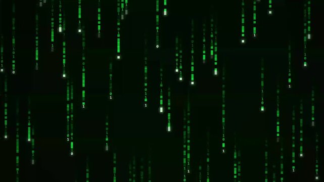 Green digital code rain falling on black background