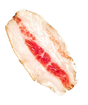 Single slice of cured guanciale pork jowl isolated on white background