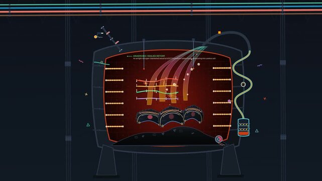 Animation of tire pyrolysis process showing anaerobic sealed retort and thermal molecular cracking to generate pure carbon black and fractionated synthetic fuel oil