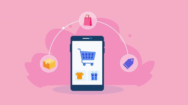 Flat vector animation showing a smartphone with a shopping cart interface connected to package, payment, and security icons for mobile ecommerce.