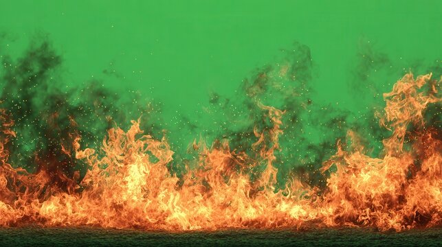 Fire flames burning on edge green screen creating a visual effect of firestorm with vibrant colors and animated movement