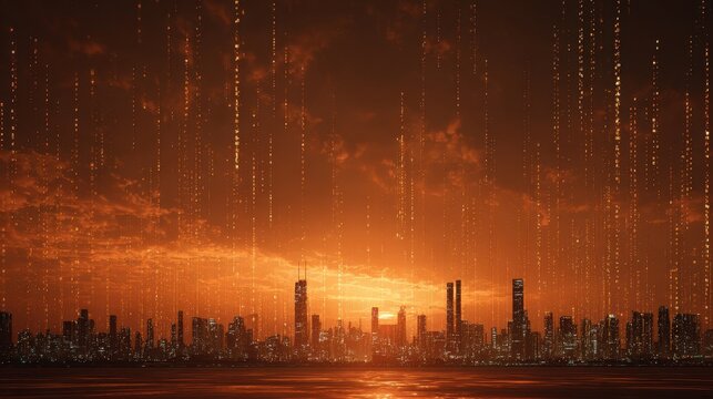 Digital city skyline during sunset with data streams in loop video footage