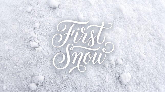 Calligraphy text first snow on a textured white snowy ground surface lettering