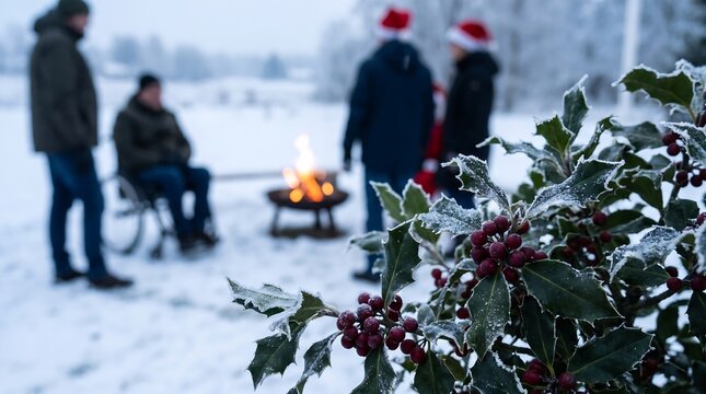 Group of people sitting around a fire pit in a snowy field during winter