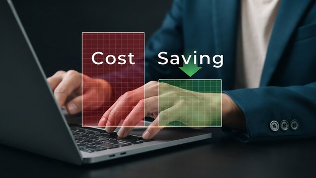 Business cost saving concept with financial expense analysis on laptop