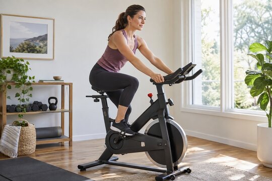 Woman exercising on an indoor cycling bike in a home gym setting