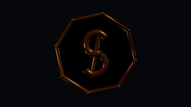 Dark octagonal sign with golden dollar symbol in minimalist style on a shiny metallic brown surface. Suitable for finance or business concepts.