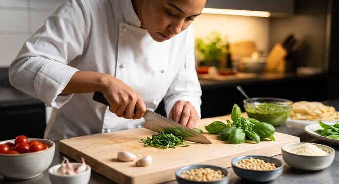 Chef Precisely Cutting Fresh Basil Leaves