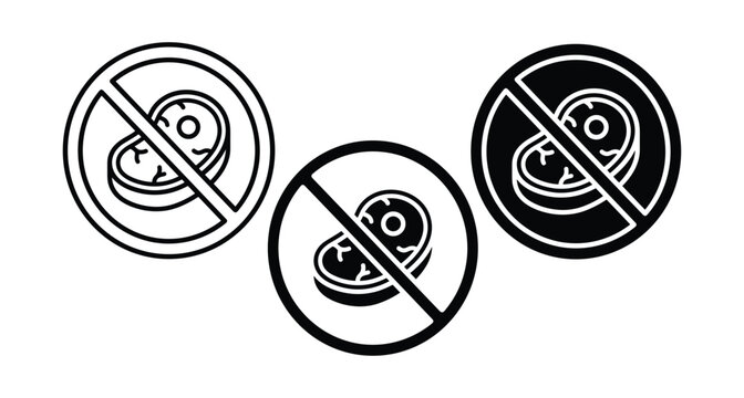 No meat icons set featuring steak inside prohibition circles for vegetarian vegan diet food restriction and healthy lifestyle choices design