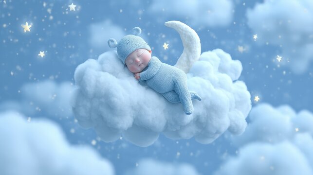 Soft lullaby for babies video animation with a cute baby sleeping on a cloud under a night sky filled with stars