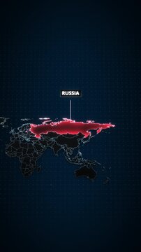 Animated zoom into a stylized digital map of Russia, Eurasia, revealing a red alert territory highlight with glowing outlines and typography for a vertical travel and news-style graphic template.
