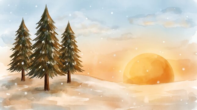 Watercolor painting of three pine trees in snowy landscape at golden sunset