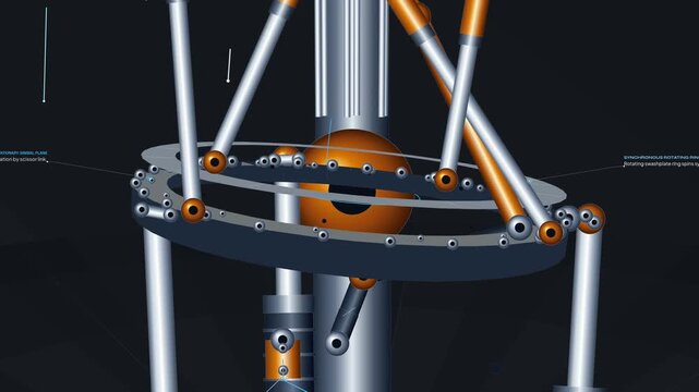 3D animation of a helicopter rotor head swashplate mechanism demonstrating cyclic and collective pitch flight controls with rotating blades and servo actuators