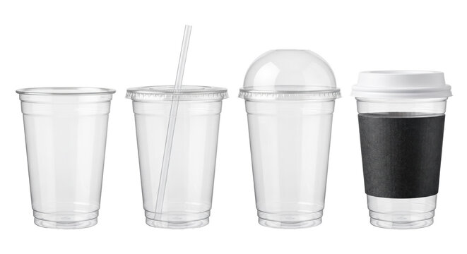 Set of clear disposable plastic cups with lids and straw
