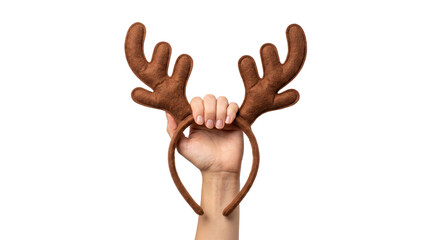 Hand holding a brown reindeer antler headband accessory © BTG