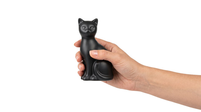 Hand holding small black ceramic cat figurine