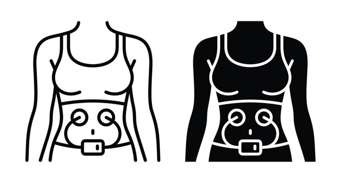 Female torso with electrical muscle stimulation belt icon set showing abdominal muscle trainer device for fitness and body toning