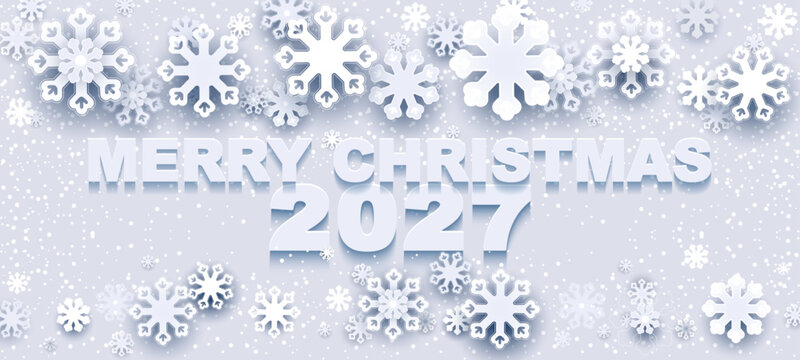 Merry Christmas. Background featuring realistic snowflakes and snowfall. Merry Christmas and Happy New Year 2027 text in flat design style. Visual art for New Year's banners and posters. Vector illust