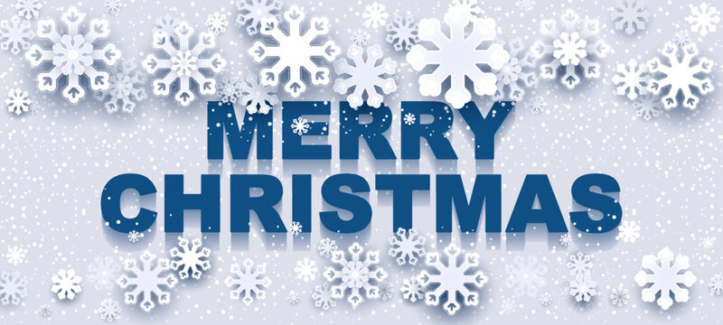 Merry Christmas. Background featuring realistic falling snowflakes. Blue text reading Merry Christmas, flat design style. Visual art for New Year's banners and posters. Vector illustration