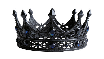 Ornate black metal crown with blue gemstones, isolated on transparent background © mesopin