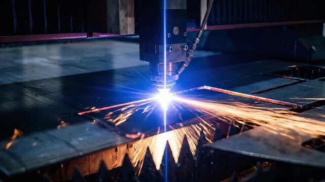 CNC Laser Cutting Machine Slicing Through Sheet Metal with Sparks