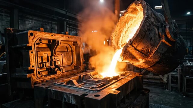 Pouring Glowing Molten Metal into Casting Mold in Foundry
