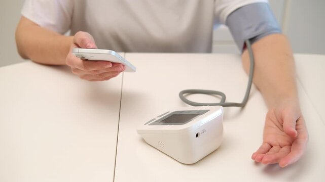 Woman measuring blood pressure with an arm cuff monitor and smartphone. Home health monitoring. Hypertension screening and cardiovascular care. Preventive health and wellness.