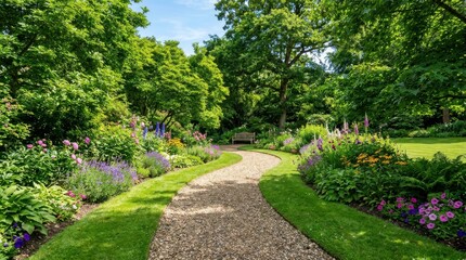 Fototapeta premium Serene English Country Garden Landscape Featuring A Winding Gravel Pathway Lush Green Lawns Vibrant Blooming Flower Beds And Mature Shade Trees
