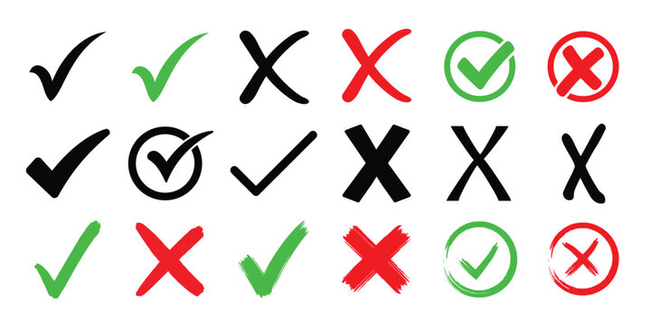 Check tick mark icon set, hand drawn cross box x check mark checkbox v, sketch marker checklist symbol right and wrong set, brush marker checklist symbol, assessment and verification