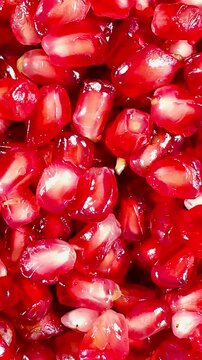 Fresh pomegranate arils glistening with natural moisture, creating a vibrant red macro texture. Juicy seeds fill the frame, highlighting the fruit&rsquo;s color, freshness, and detail up close.