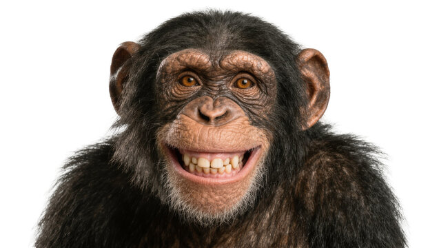 Smiling chimpanzee face with dark fur, isolated on transparent background