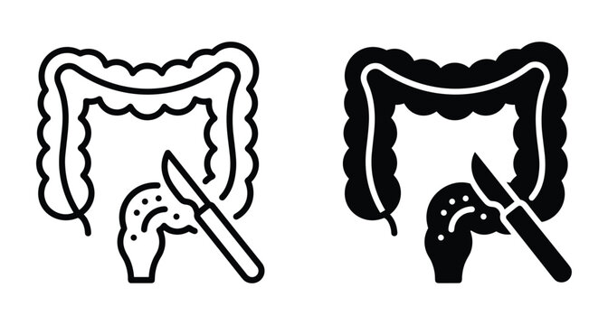 Colon surgery icon set showing large intestine and scalpel for medical procedure appendectomy gastrointestinal health treatment and surgical operation symbol