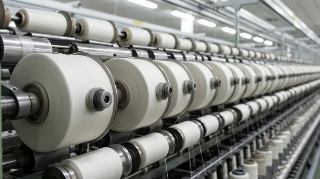 Industrial Textile Machine Spinning Spools of White Thread