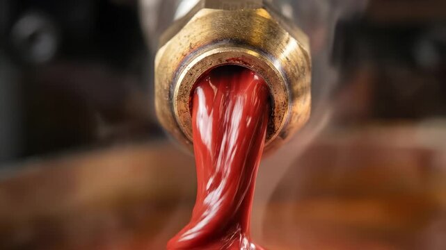 Thick Red Liquid Extruding from Brass Industrial Nozzle