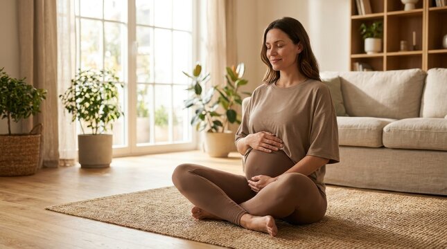 Serene pregnant woman sitting cross legged on a living room rug practicing prenatal mindfulness and meditation during her peaceful third trimester