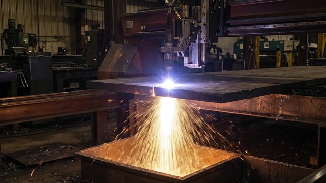 CNC Plasma Cutter Slicing Thick Steel Plate with Sparks