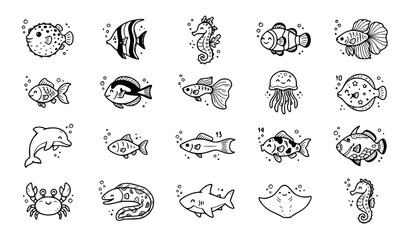 Obraz premium Hand Drawn Cute Fish Outline Icons Black White Vector Set
