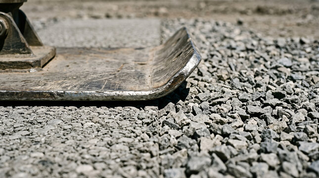 Plate compactor edge pressing gravel flat, macro detail