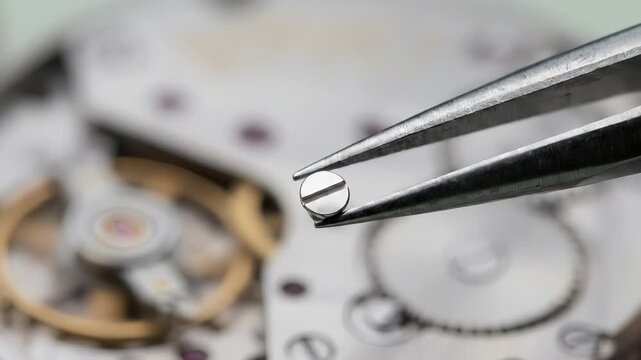Watchmaker Tweezers Holding a Tiny Screw Over a Watch Movement