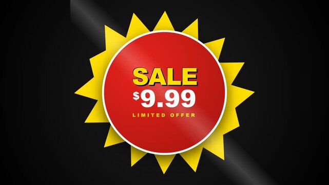 Animated commercial sticker badge featuring yellow starburst design with red circle displaying Sale $9.99 Limited Offer text on dark background.