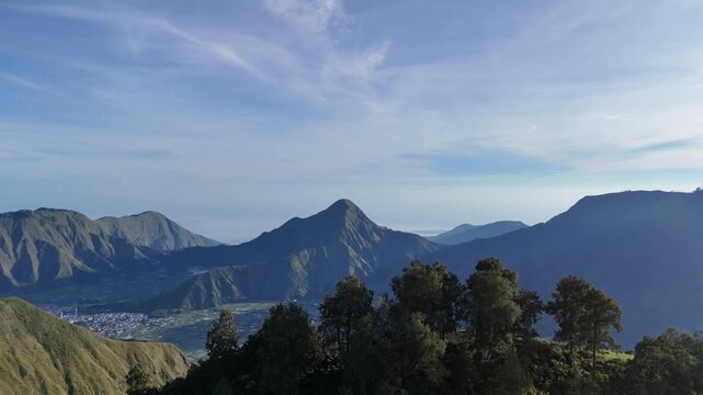 Aerial voew of mountains in the morning at Sembalun, Lombok, Indonesia.