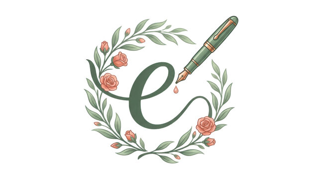 Letter e logo with fountain pen and floral wreath design