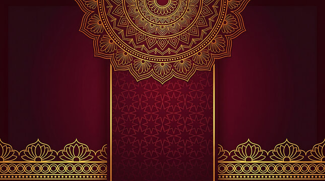 Intricate gold mandala and lotus border decorative pattern with rich burgundy background for digital art design