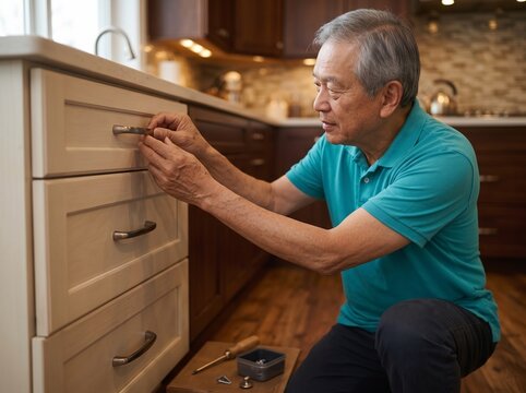 Older man repairs a kitchen cabinet handle at home. Replacing kitchen cabinet handle with accessible pull. Home adaptation for seniors, accessibility and independent living.